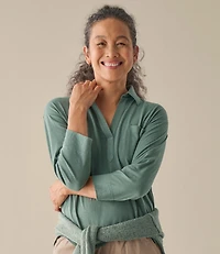 Women's Linen/Cotton Tee, Three-Quarter-Sleeve Splitneck Polo