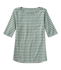 Women's Pima Cotton Tee, Elbow-Sleeve Boatneck Stripe