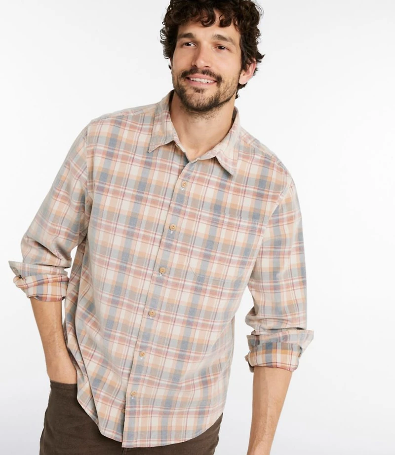 Men's Sunwashed Corduroy Shirt, Slightly Fitted Untucked Fit, Plaid