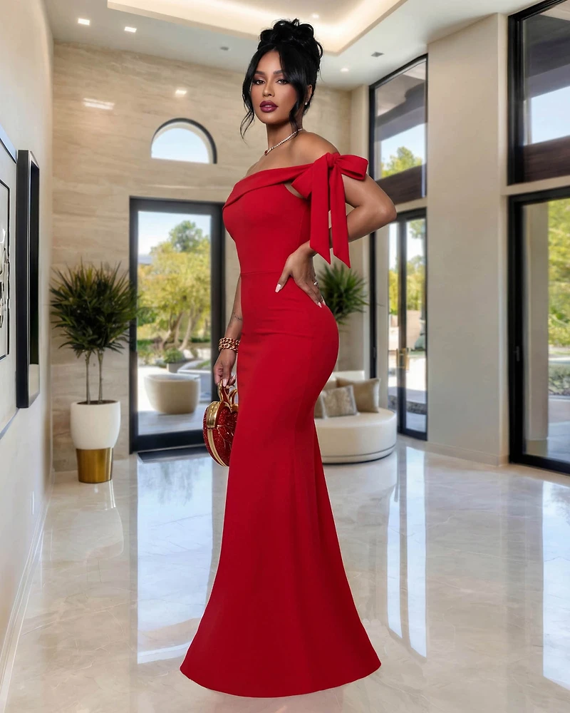 Sadona Red Off-The-Shoulder Maxi Bandage Dress
