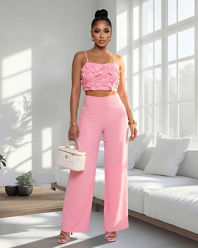 Avendria Pink Appliqué Crop Top & Pants Set