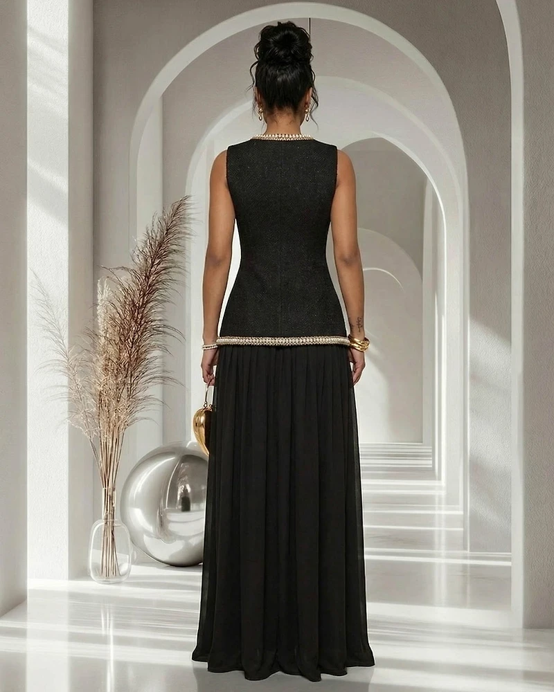 Suriname Black Pearl Chain Tweed Drop Waist Maxi Dress