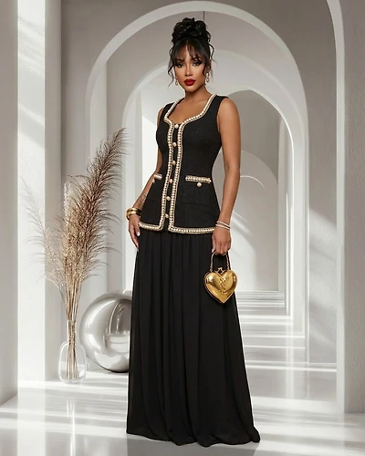 Suriname Black Pearl Chain Tweed Drop Waist Maxi Dress