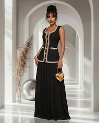 Suriname Black Pearl Chain Tweed Drop Waist Maxi Dress