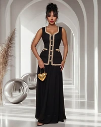 Suriname Black Pearl Chain Tweed Drop Waist Maxi Dress