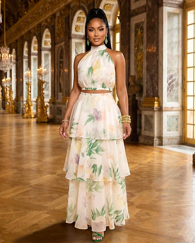 Hannah Cream Multi-Color Print Top & Tiered Skirt Set