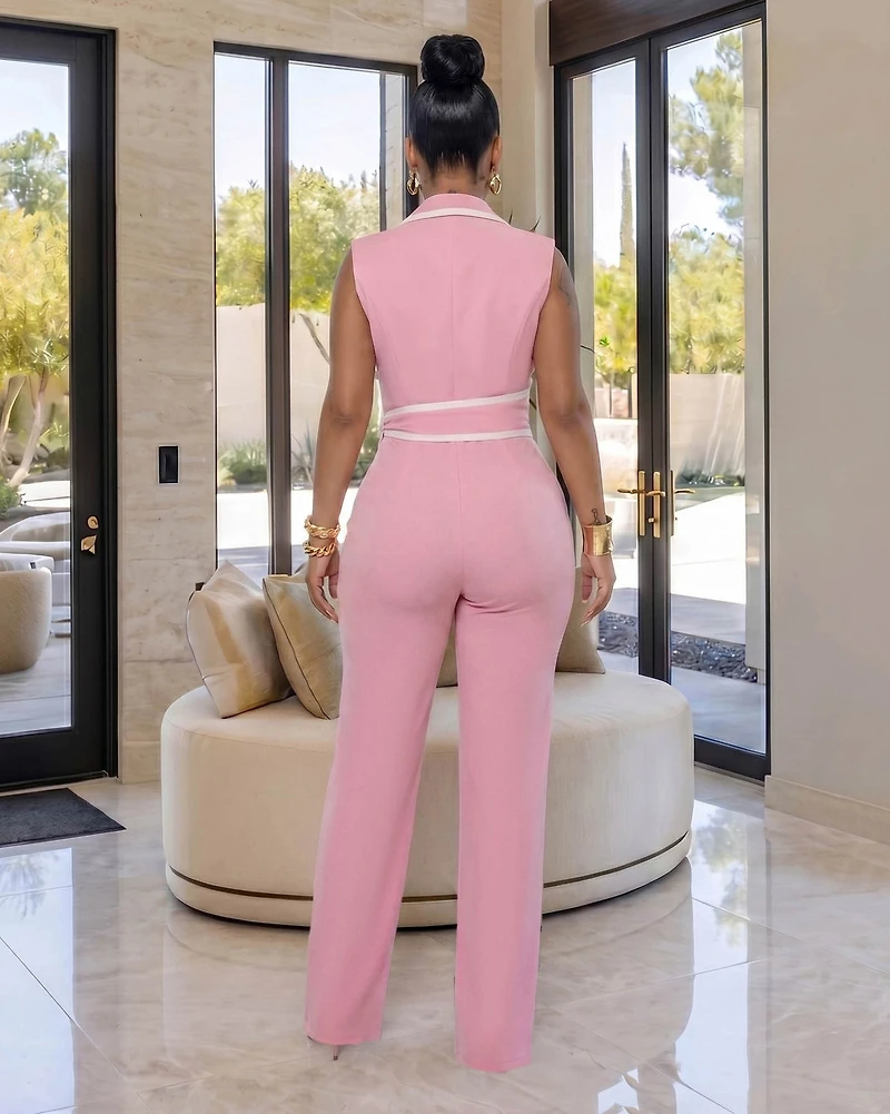 Salley Baby Pink White Trim Belted Jumpsuit