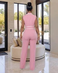 Salley Baby Pink White Trim Belted Jumpsuit