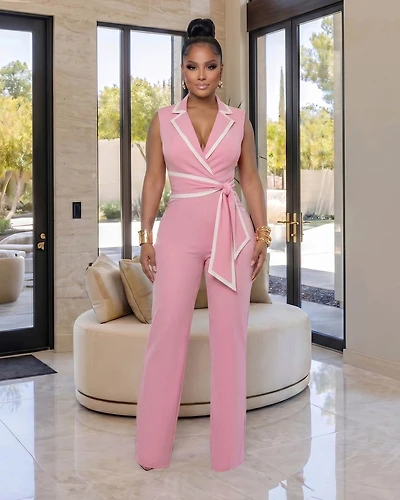 Salley Baby Pink White Trim Belted Jumpsuit