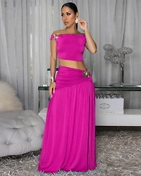 Venezia Fuchsia Gold Broach Top & Maxi Skirt Set