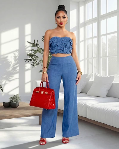 Avendria Blue Appliqué Crop Top & Pants Set