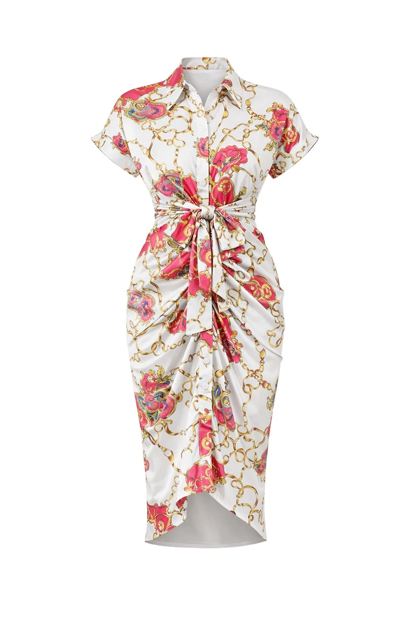 Gustave White Floral Print Draped Silky Midi Dress