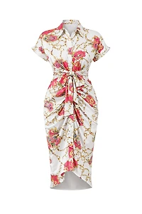 Gustave White Floral Print Draped Silky Midi Dress