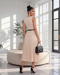 Gracelynn Nude Black Belt Pleated Midi Dress