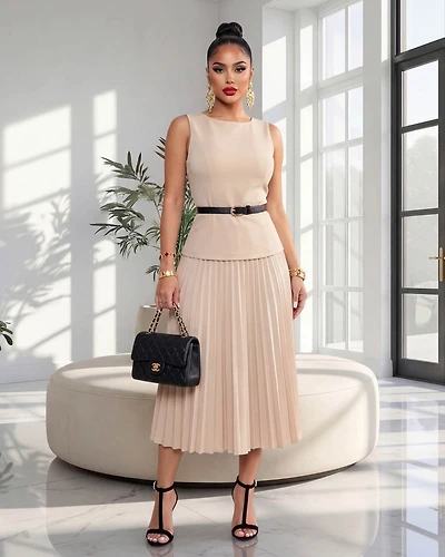 Gracelynn Nude Black Belt Pleated Midi Dress