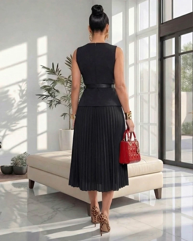 Gracelynn Black Belt Pleated Midi Dress