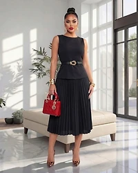 Gracelynn Black Belt Pleated Midi Dress