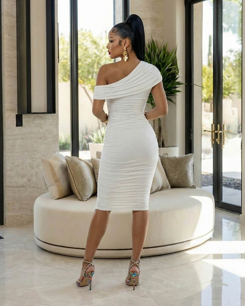 Ophelia Off-White Off-Shoulder Mesh Midi Dress