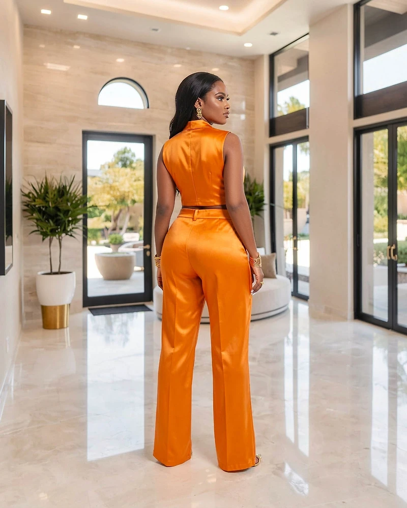 Karri Orange Silky Crop Top & Pants Set