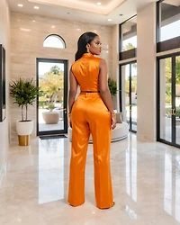 Karri Orange Silky Crop Top & Pants Set