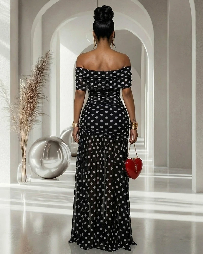 Micka Black White Polka Dot Single Sleeve Mesh Maxi Dress