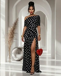 Micka Black White Polka Dot Single Sleeve Mesh Maxi Dress