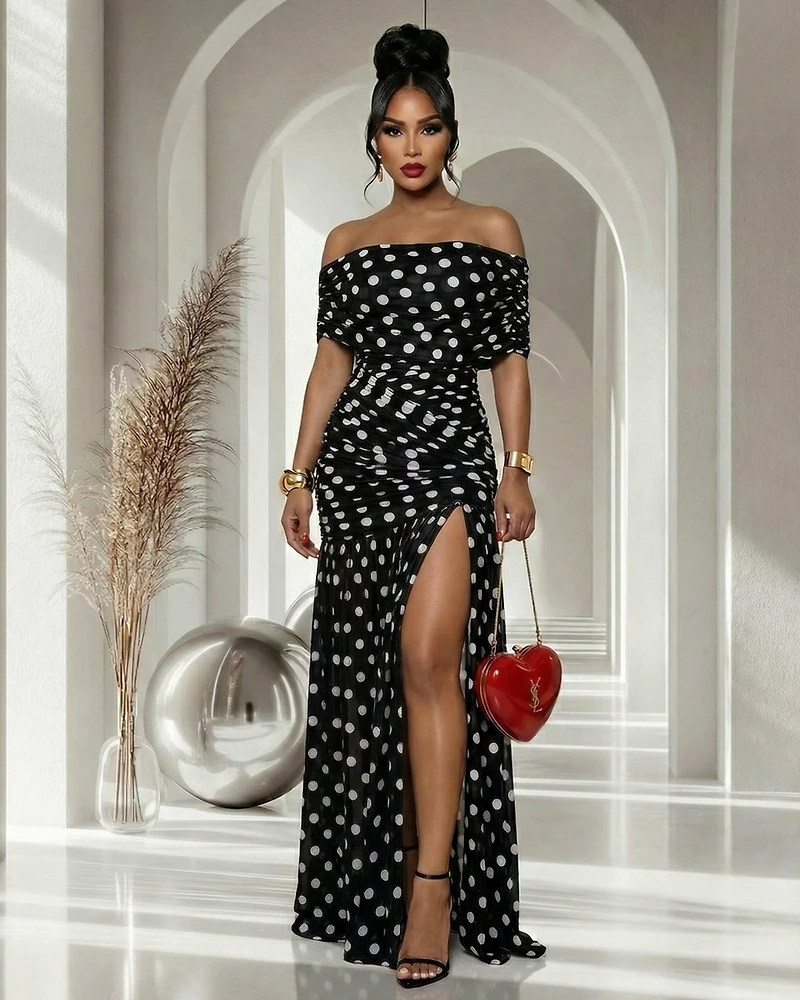Micka Black White Polka Dot Single Sleeve Mesh Maxi Dress