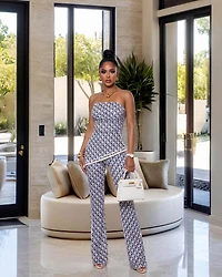 Tahlia Blue Grey Print Strapless Jumpsuit