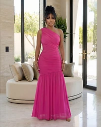 Fabienne Fuchsia Single Shoulder Mesh Maxi Dress