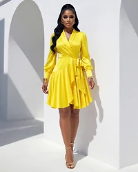 Lomanie Yellow Wrap High Low Ruffle Silky Dress (SHIPS 4/17)