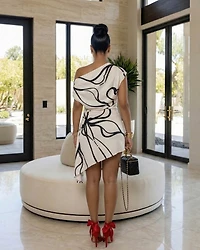 Alessia Cream Black Print Asymmetrical Mini Dress