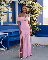 Naimane Baby Pink Gold Broach Mesh Maxi Dress