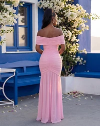Naimane Baby Pink Gold Broach Mesh Maxi Dress