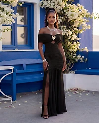 Naimane Black Gold Broach Mesh Maxi Dress
