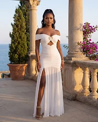 Naimane Gold Broach Mesh Maxi Dress