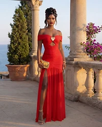 Naimane Red Gold Broach Mesh Maxi Dress