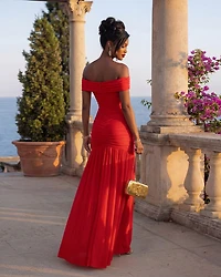 Naimane Red Gold Broach Mesh Maxi Dress