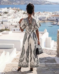 Farlene Ivory Green Print Kimono Jumpsuit