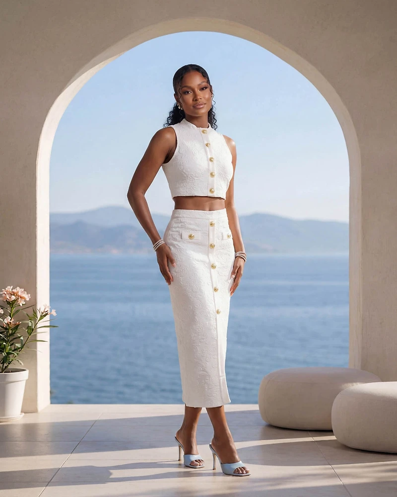 Marsha White  Embossed Print Crop Top & Midi Skirt Set
