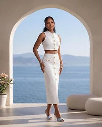 Marsha White  Embossed Print Crop Top & Midi Skirt Set