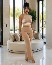 Sabine Nude White Stripes Knit Top & Pants Set