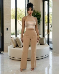 Sabine Nude White Stripes Knit Top & Pants Set