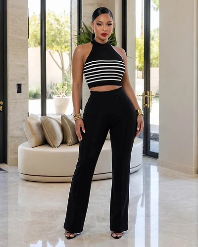 Sabine Black White Stripes Knit Top & Pants Set