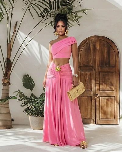 Faena Dusty Rose Gold Broach Top & Maxi Skirt Set