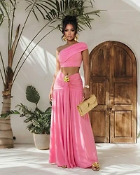 Faena Dusty Rose Gold Broach Top & Maxi Skirt Set