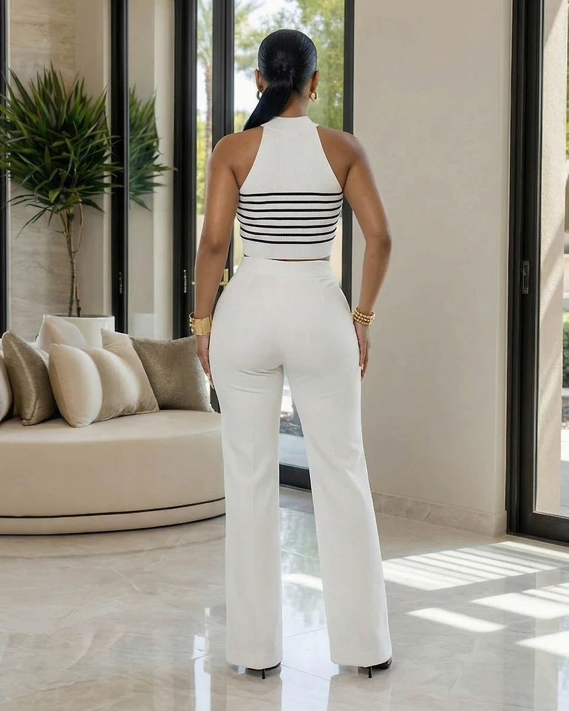 Sabine White Black Trim Stripes Knit Top & Pants Set