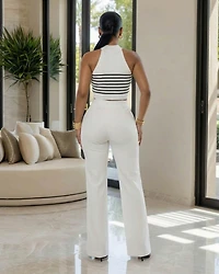 Sabine White Black Trim Stripes Knit Top & Pants Set