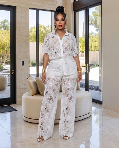 Rumie White Eyelet LUXE Shirt & Pants Set