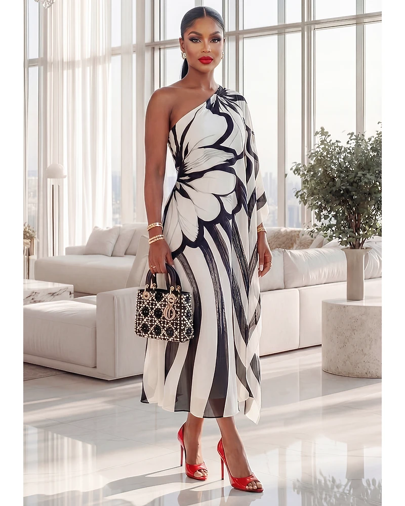 Kassia Black White One Shoulder Chiffon Midi Dress (SHIPS 3/11)