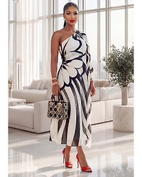 Kassia Black White One Shoulder Chiffon Midi Dress (SHIPS 3/11)